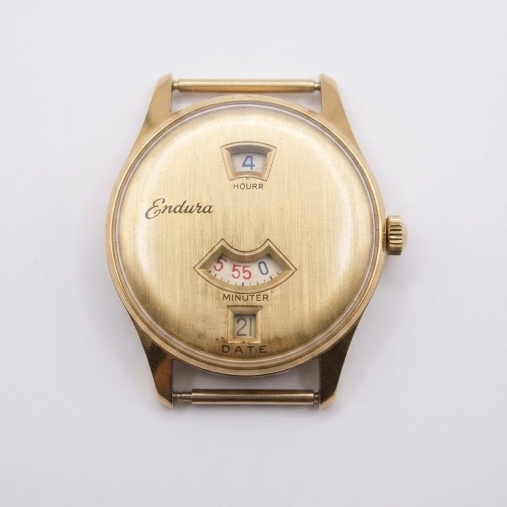 Vintage Endura Swiss Made Jump Hour Digital Watch Gold Tone 12108 OR-9246 1970s